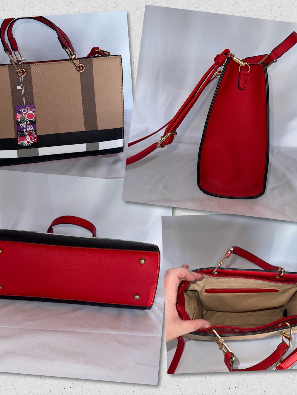 NEW Plaid Tote Handbag Tan, Red, Black w/ Gold Hardware & Vegan